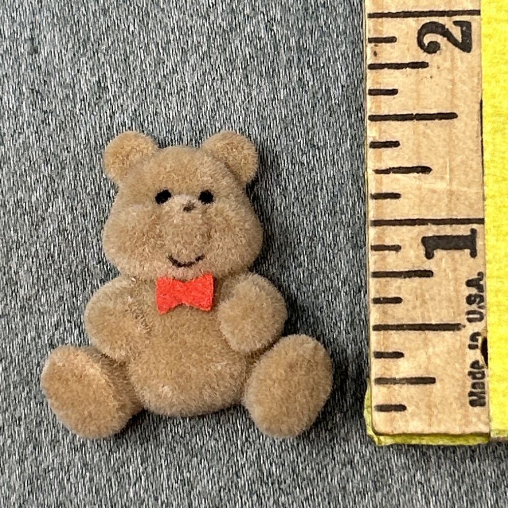 Vintage 1980s Flocked Mini Teddy Bear Fridge Magnet 1" Tiny Fuzzy Craft Figurine